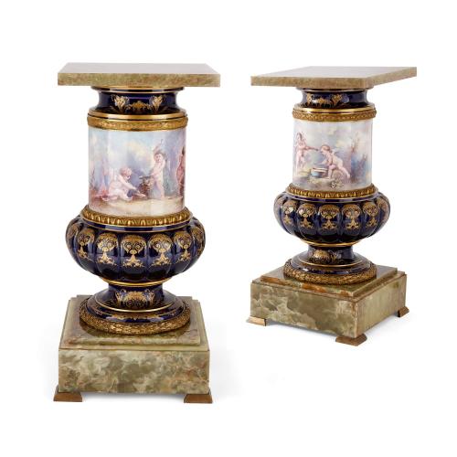 Pair of large Sèvres style porcelain and green onyx pedestals