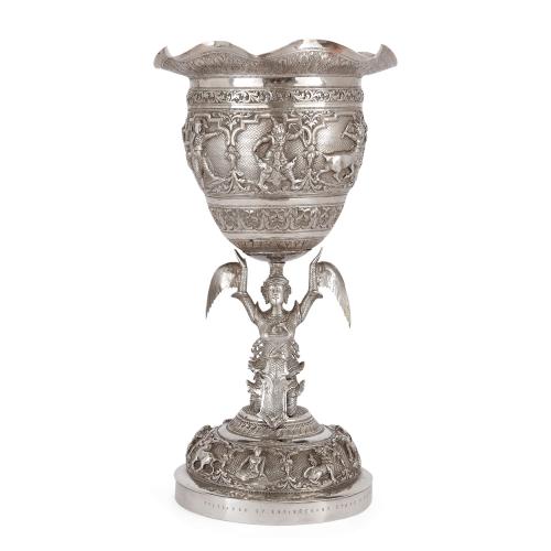 Burmese embossed silver presentation chalice or trophy