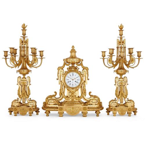 Large Antique Louis XV Style Ormolu clock set by F. Barbedienne