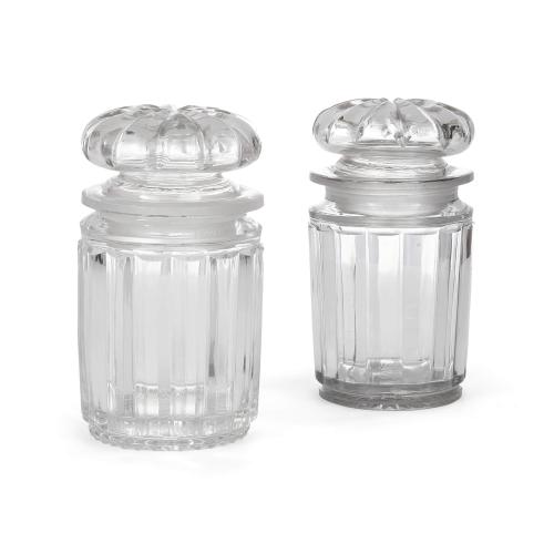 Pair of English 20th century glass jars with stoppers
