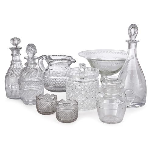 Collection of hobnail cut English glassware with decanters and tazza