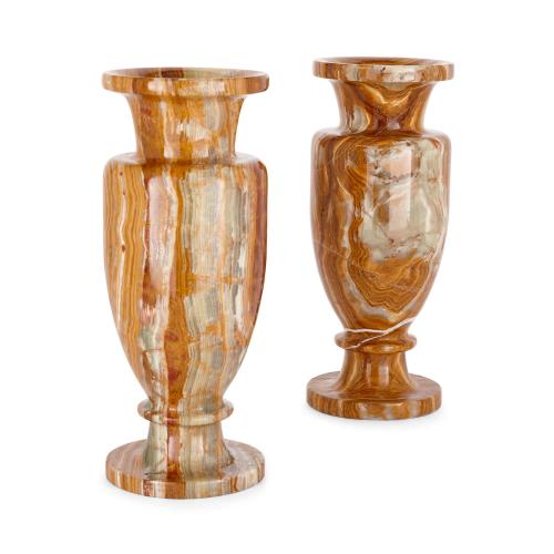 Pair of large decorative mineral vases in red and green onyx 