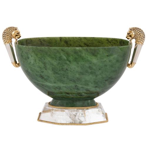 Large silver, nephrite, and rock crystal centrepiece bowl by Asprey