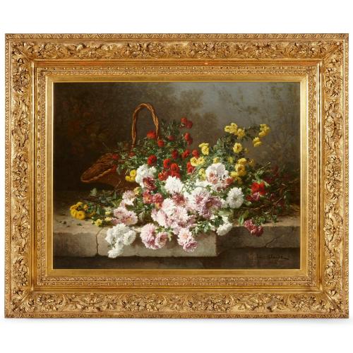 Large floral French still life painting by Eugene Claude, 1884