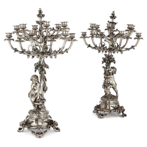 Pair of large antique silvered bronze candelabra by Christofle