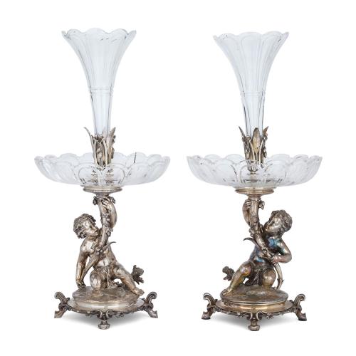 Pair of cut-glass and silvered bronze epergnes by Christofle