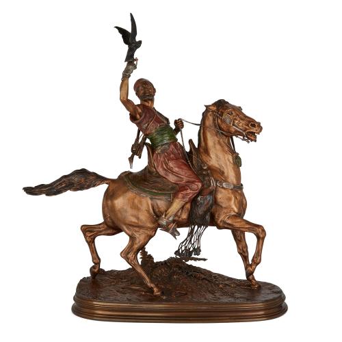 'The Arab Falconer' large painted bronze sculpture after Mêne