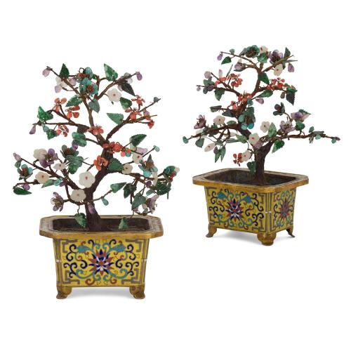 Pair of Chinese hardstone flower trees in cloisonné enamel planters