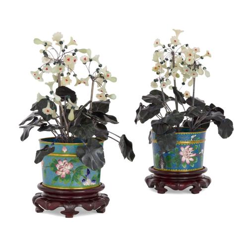 Large pair of Chinese hardstone flower models in cloisonné enamel planters