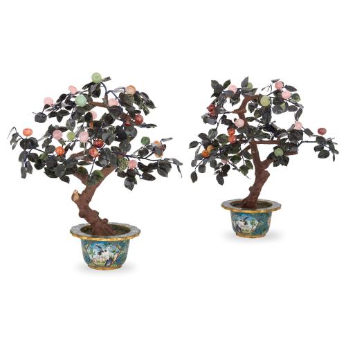 Large pair of Chinese hardstone trees with cloisonné enamel planters