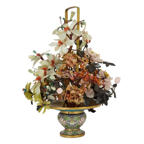 Large Chinese hardstone flower tree in a cloisonné enamel basket