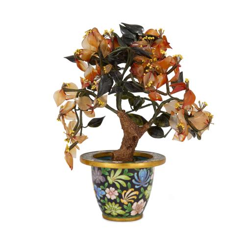 Chinese carnelian and jade flower model in a cloisonné enamel planter