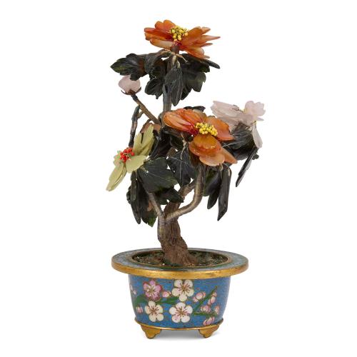 Chinese jade and quartz flower model in a cloisonné enamel planter