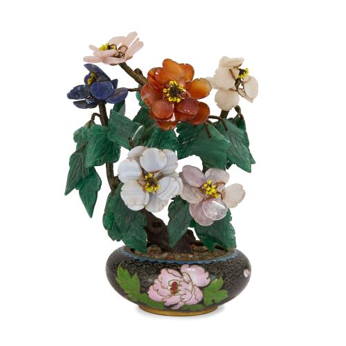 Chinese hardstone flower model in a cloisonné enamel pot 