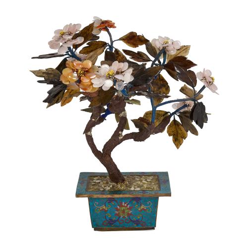 Large Chinese hardstone flower tree model in a cloisonné enamel planter