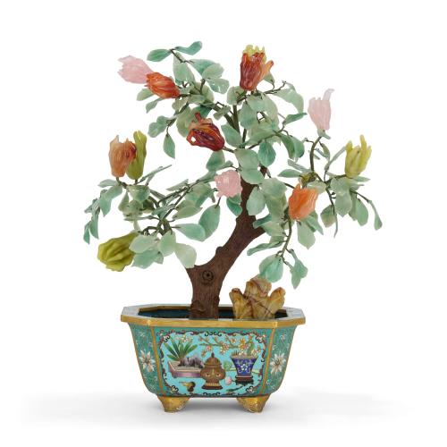 Large Chinese jade, agate and quartz tree model in a cloisonné enamel pot