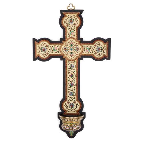 Large antique cloisonné enamel wall cross with stoup 
