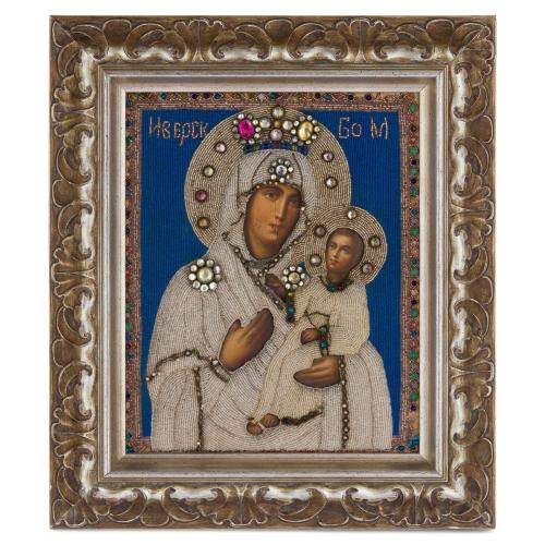 Antique Russian beaded icon of the Mother of God of Iversk