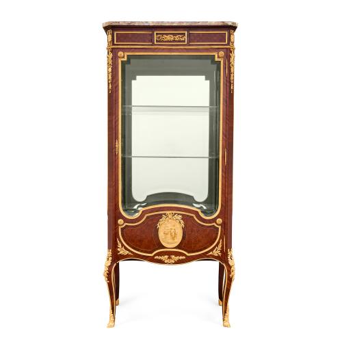 Antique French ormolu and marble mounted parquetry vitrine