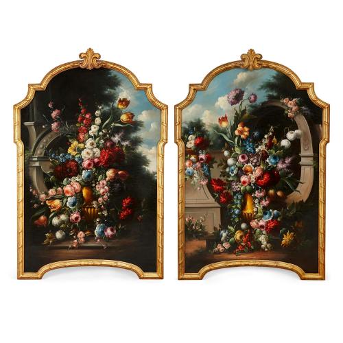 Large pair of Baroque style floral still life oil paintings