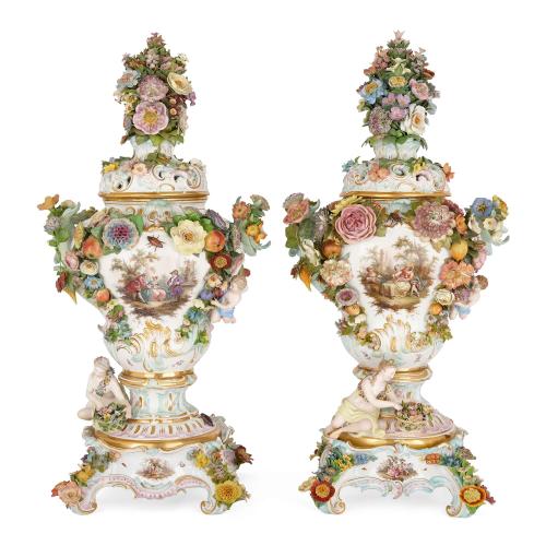 Pair of massive Meissen porcelain flower-encrusted potpourri vases