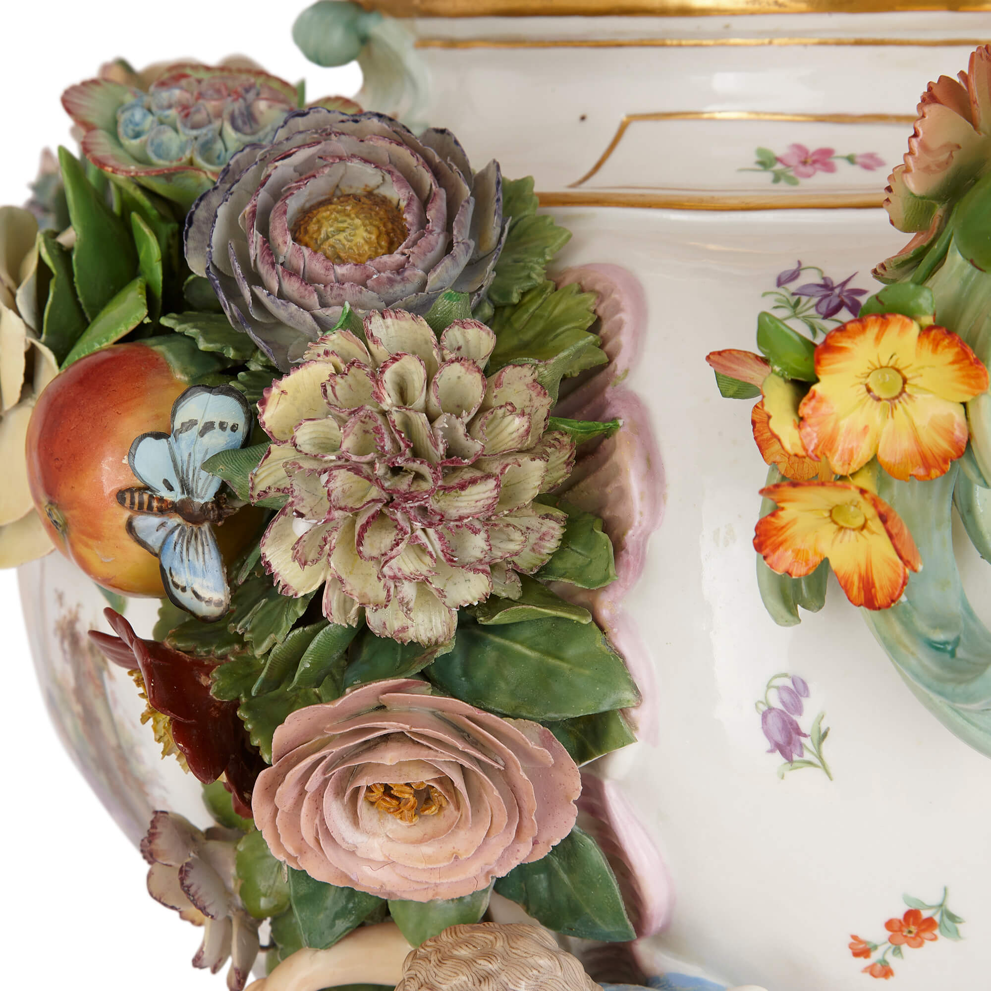 Pair of massive Meissen porcelain flower-encrusted potpourri vases