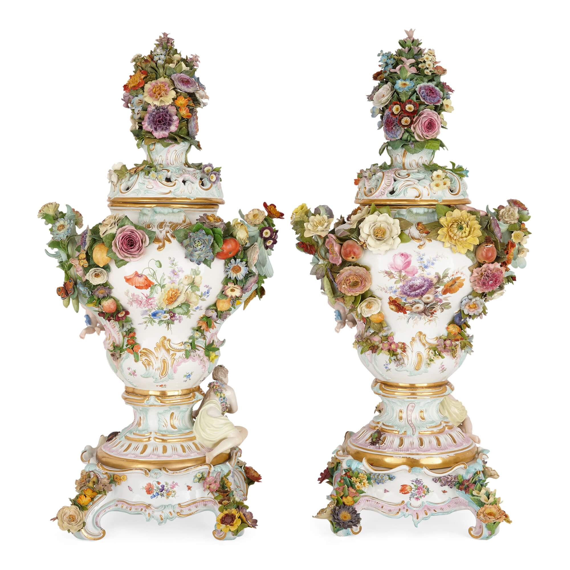 Pair of massive Meissen porcelain flower-encrusted potpourri Pair of massive Meissen porcelain flower-encrusted potpourri