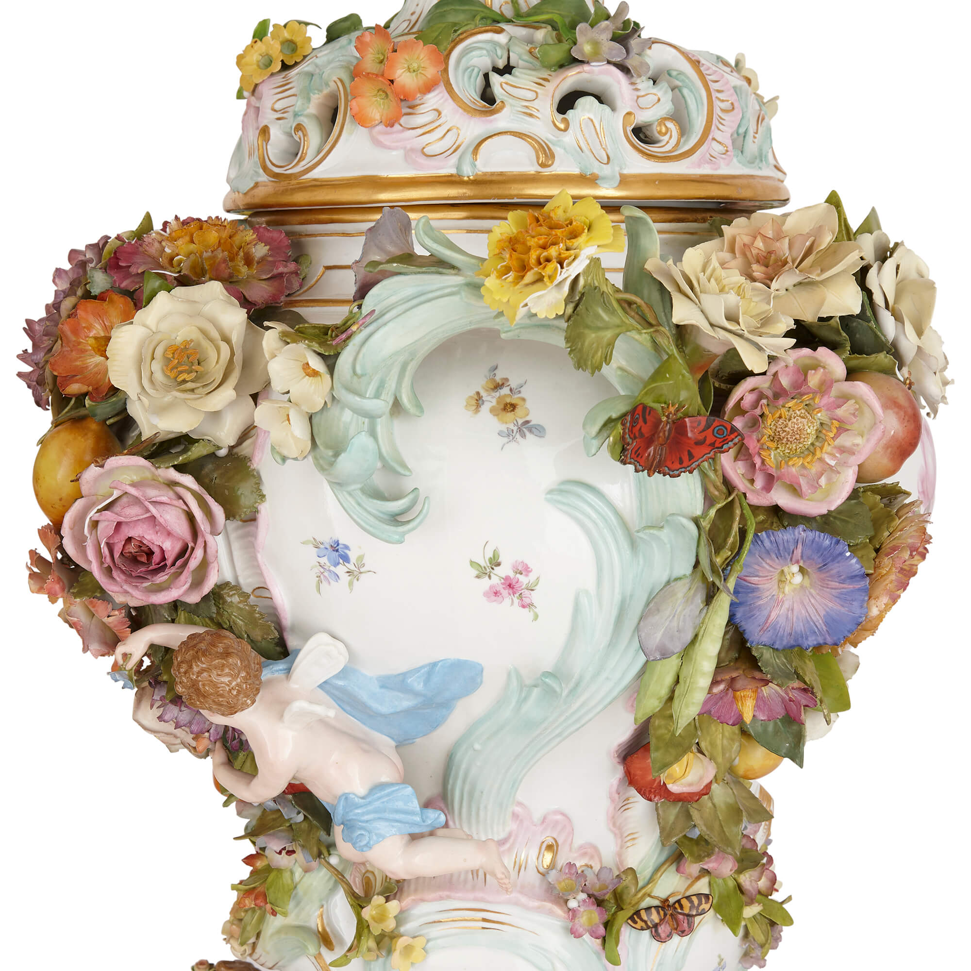 Pair of massive Meissen porcelain flower-encrusted potpourri Pair of massive Meissen porcelain flower-encrusted potpourri