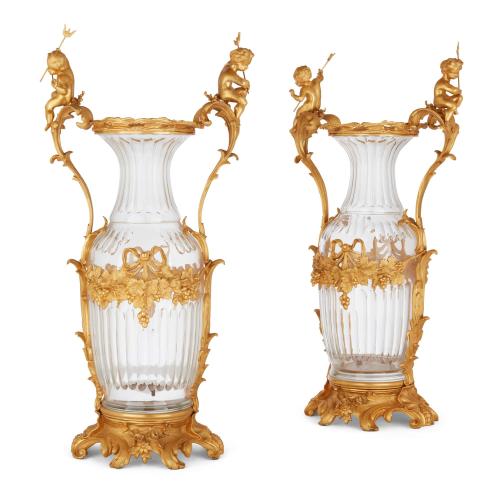 Large pair of ormolu mounted cut glass vases