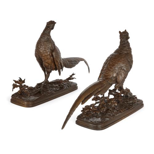 Large pair of bronze pheasant models after Pautrot