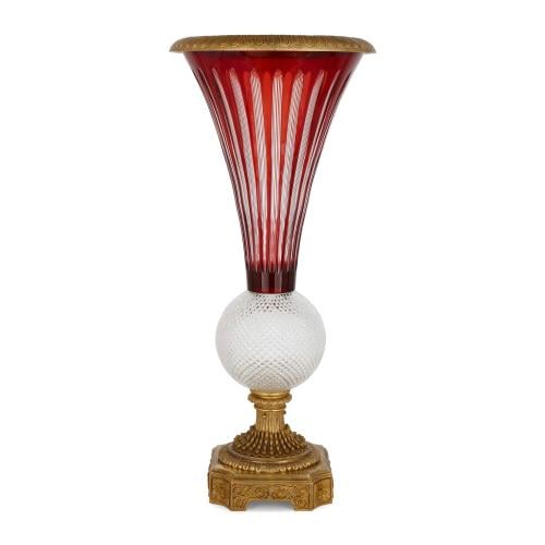 Large ormolu mounted, clear and ruby red cut glass vase 