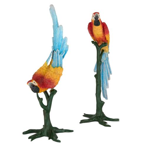 Very large pair of painted bronze parrots