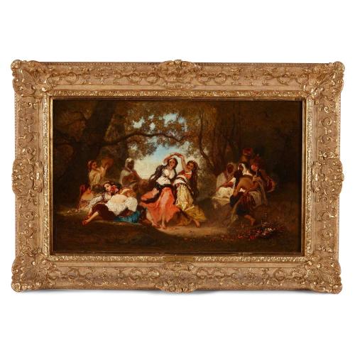 Orientalist oil painting of a dancing group by Devedeux