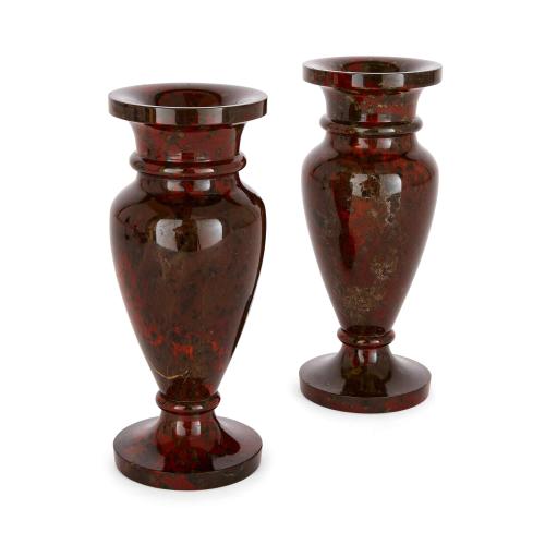 Pair of red Cornish Serpentine stone vases