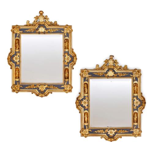 Pair of antique English ormolu and ebonised wood mirrors