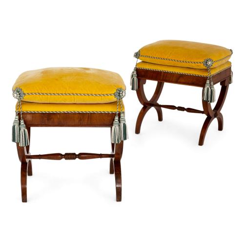 Pair of antique Italian upholstered walnut X-frame stools
