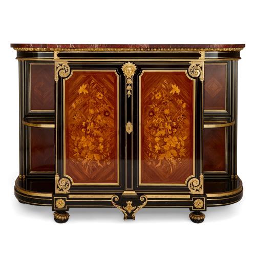 Ormolu mounted and brass inlaid marquetry ebonised wood sideboard 