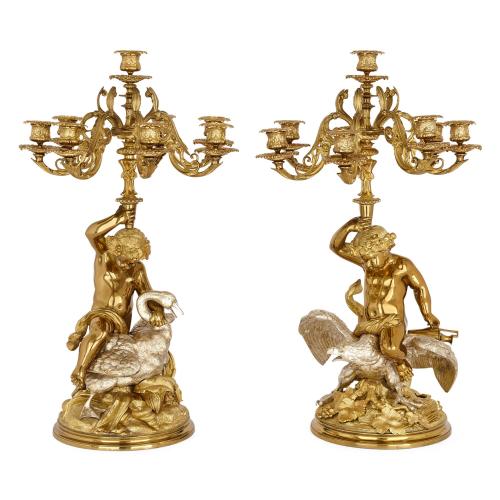 Pair of 8-light ormolu and silvered bronze candelabra