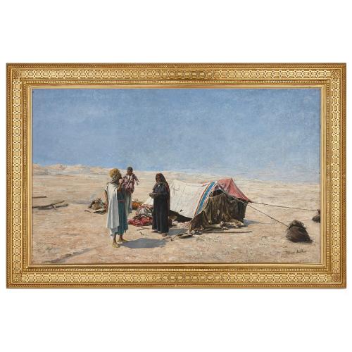 Large Orientalist oil painting of Bedouins by Alphons Leopold Mielich 