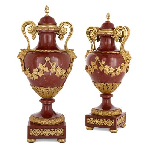 Pair of large red marble and ormolu vases by Dasson