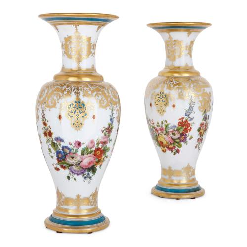 Pair of large opaline glass parcel gilt vases by Baccarat