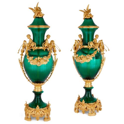 Pair of French green glass ormolu-mounted vases