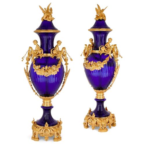 Pair of very large blue glass ormolu-mounted vases