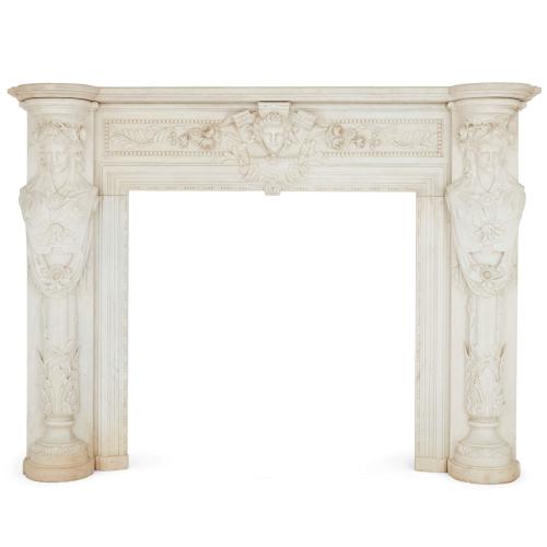 Large and impressive carved white Carrara marble fireplace