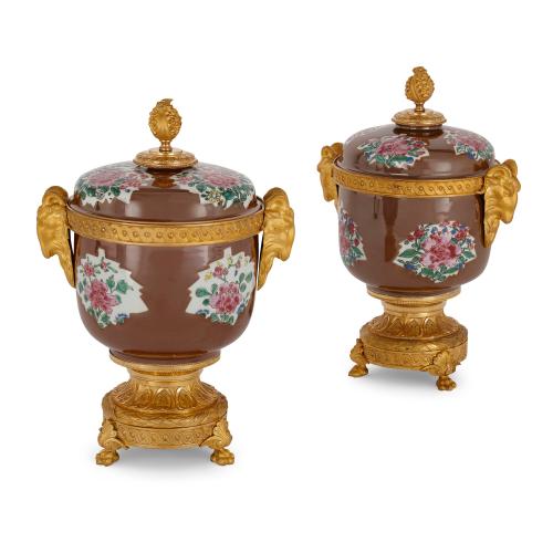 Pair of antique Chinese porcelain Batavian ware and ormolu vases