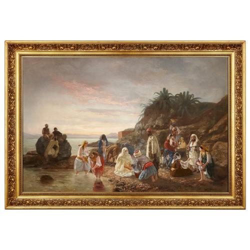 Large Orientalist oil painting of figures at the shore by Saloman 