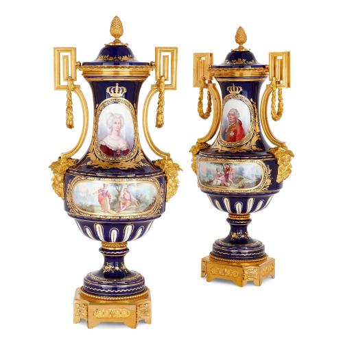 Pair of large Sèvres style ormolu mounted jewelled porcelain vases