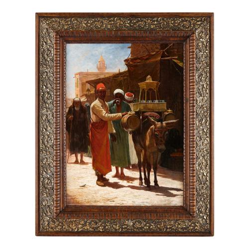 Orientalist oil painting of Cairo drinks salesman by V. Voill
