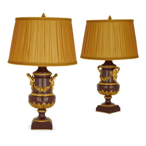 Pair of large antique ormolu mounted porphyry lamps