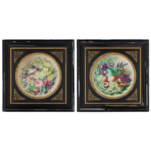 Pair of large still-life circular porcelain plaques by Mariotte 
